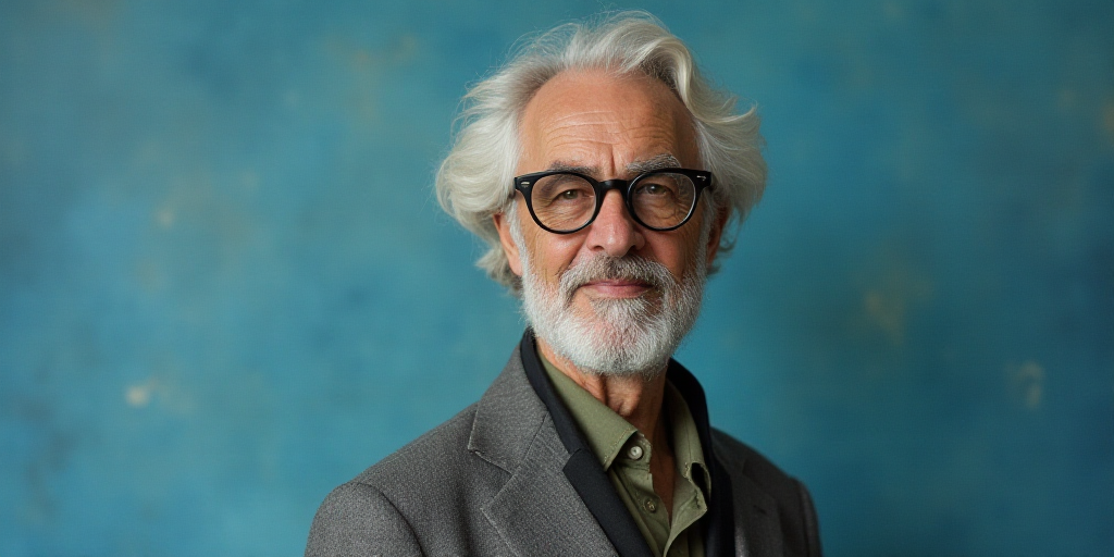 a man in glasses is standing in front of a blue background with a black and white photo of him, Edwa