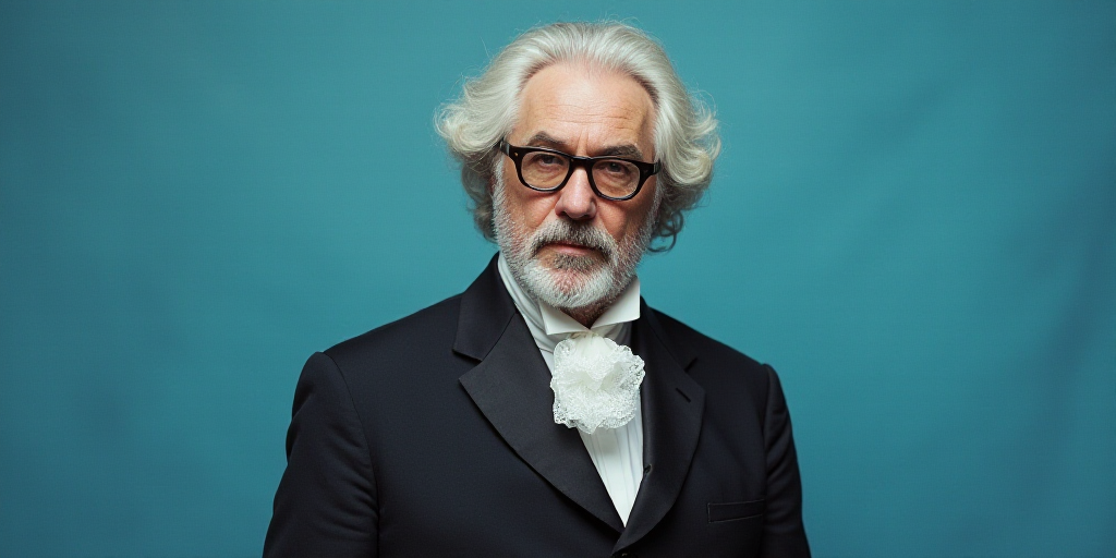 a man in glasses is standing in front of a blue background with a black and white photo of him, Edwa