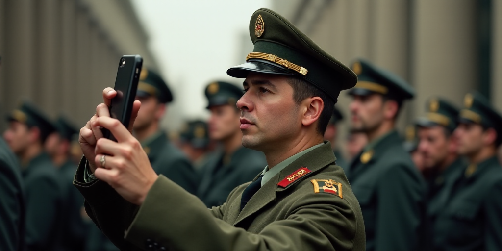 a man in uniform taking a picture with a cell phone while others watch him from behind him and peopl
