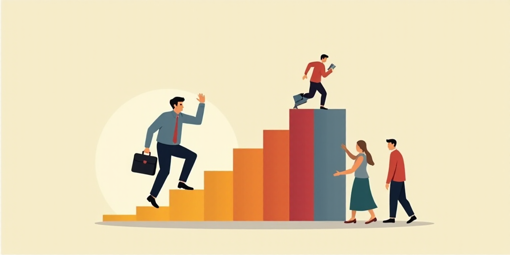 a man is climbing up a bar chart with other people on it and a man is holding a briefcase, Andries S