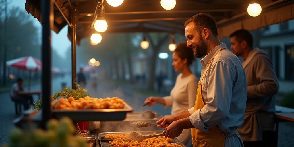 a man is cooking food at a food cart with a woman behind him and a man standing behind him, Chippy,