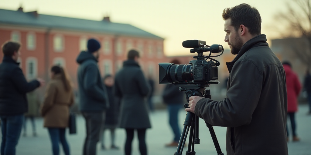 a man is filming a group of people outside with a camera on a tripod and a camera on a tripod, David