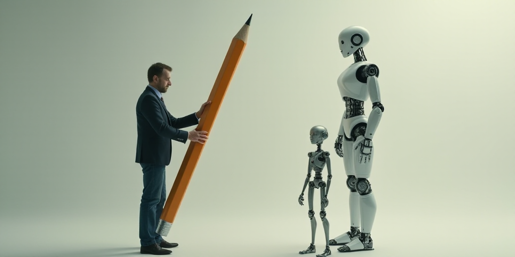 a man is holding a giant pencil and a robot is standing on a small robot like object with a human bo