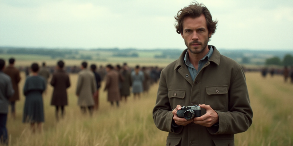 a man is holding a small device in his hands while people look on from the field behind him and a cr
