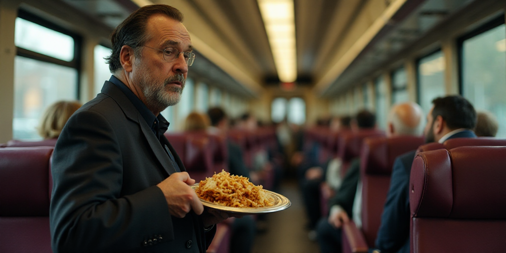 a man is holding a tray of food while sitting on a train with other people in the background on the