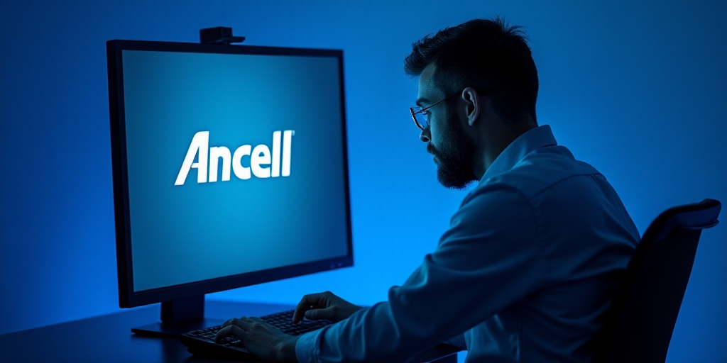 a man is looking at a computer screen with the logo of the company on it in front of a blue backgrou
