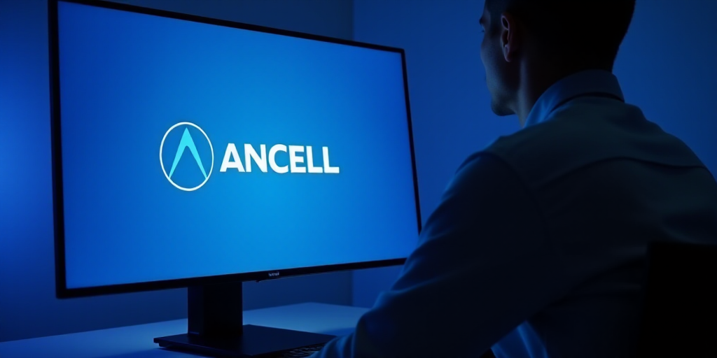 a man is looking at a computer screen with the logo of the company on it in front of a blue backgrou