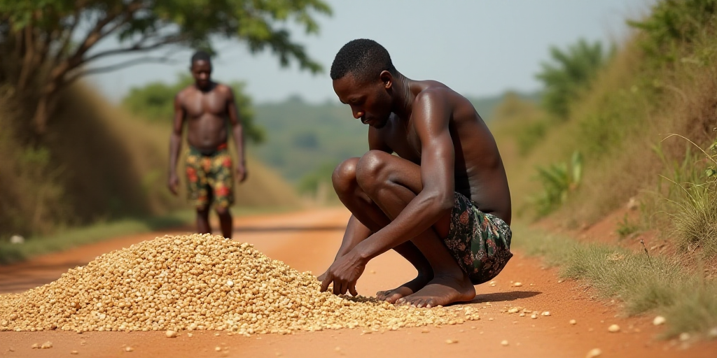 a man is picking peanuts from a pile on a road side road in a village in africa, with a man in the b