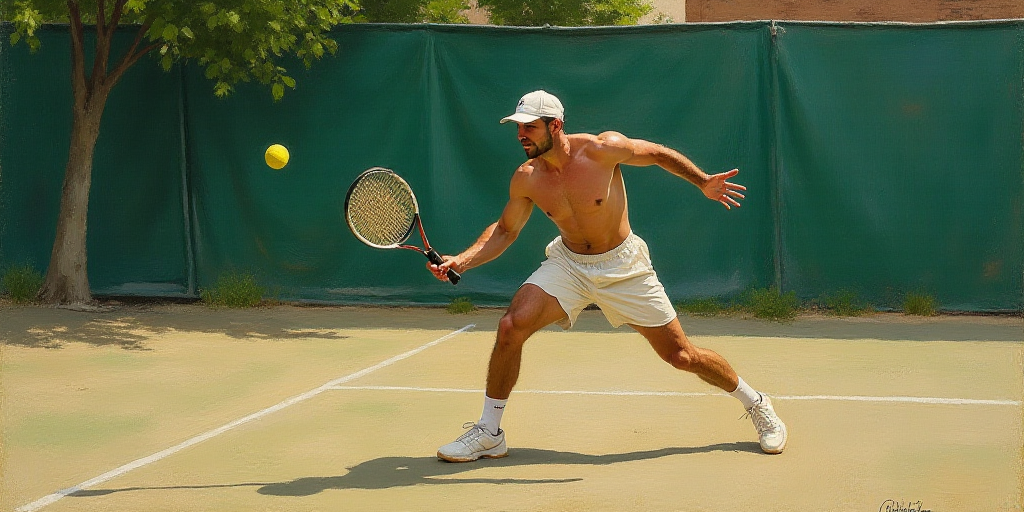a man is playing tennis on a court with a racket in his hand and a ball in the air, Avgust Černigoj