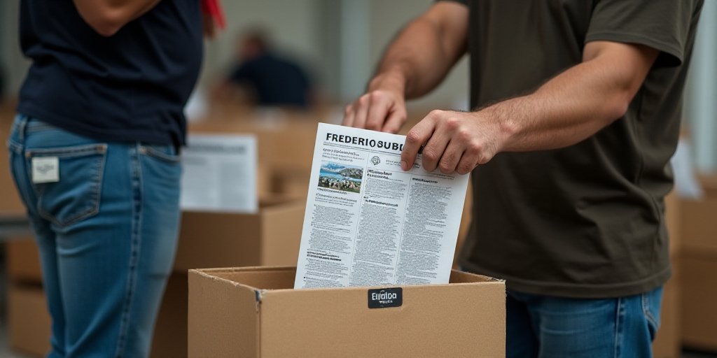 a man is putting a paper in a box with a newspaper in it and a sign on the back of it, Federico Urib