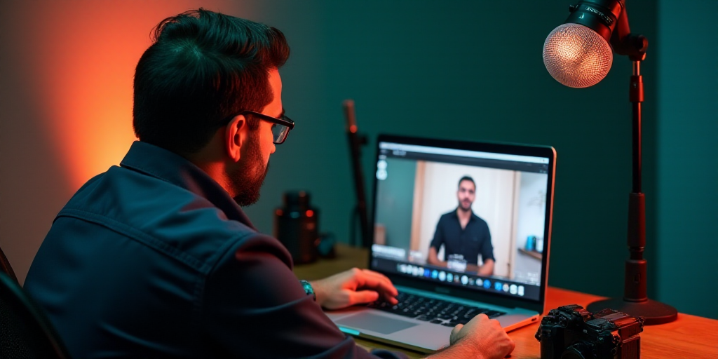 a man is recording a video of a camera and a laptop computer on a desk with a microphone and a camer