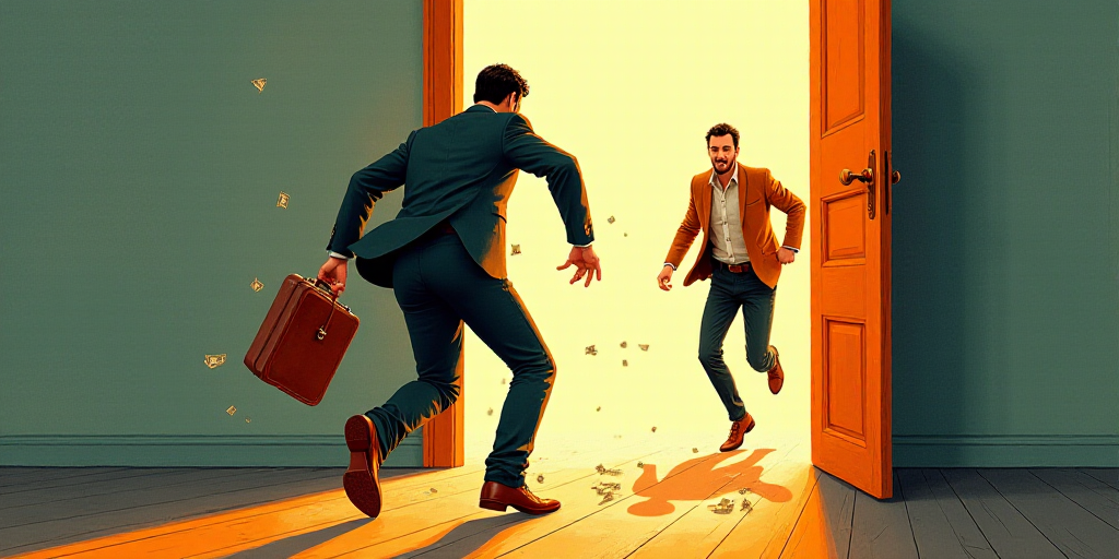 a man is running out of a door with a briefcase and money in his hand and another man is running out