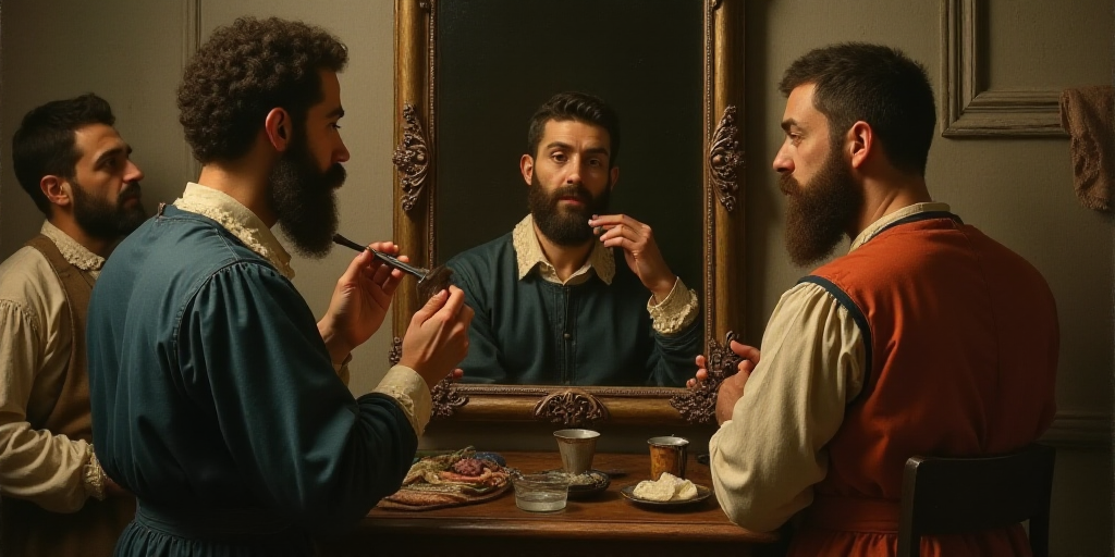 a man is shaving another man's hair in a mirror while others look on in the background, Estuardo Mal