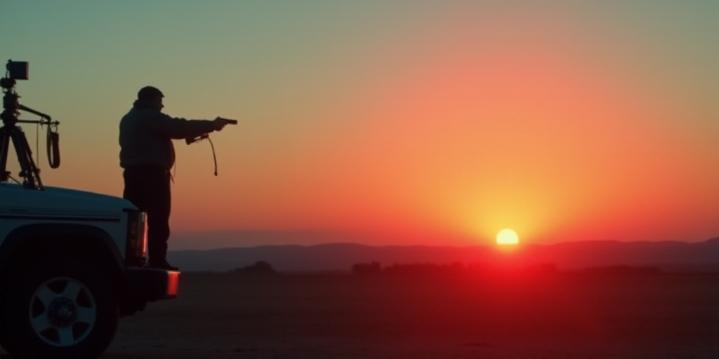 a man is shooting a red dot in the sky with a gun and a camera on a truck at sunset, Andries Stock,