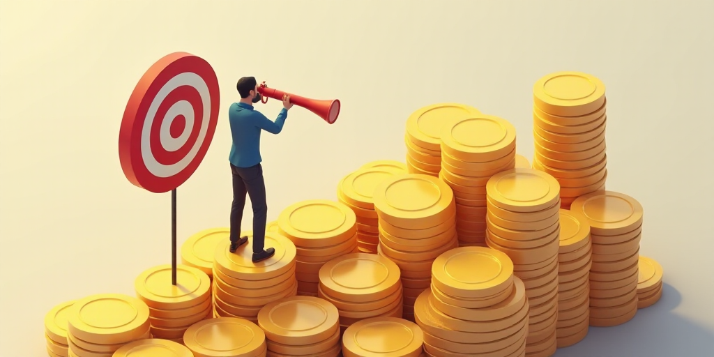 a man is standing on a pile of gold coins and looking through a telescope at a target with a bulls e