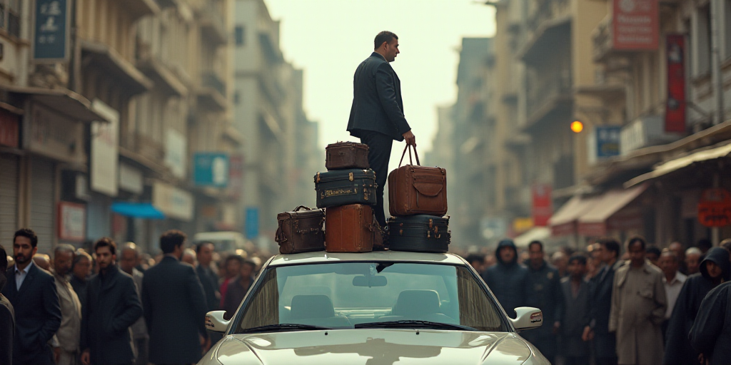 a man is standing on top of a car with a pile of luggage on top of it in a crowded street, Denis Ede