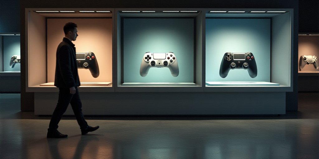 a man is walking past a display case with a video game controller in it's display case,, Akihiko Yos