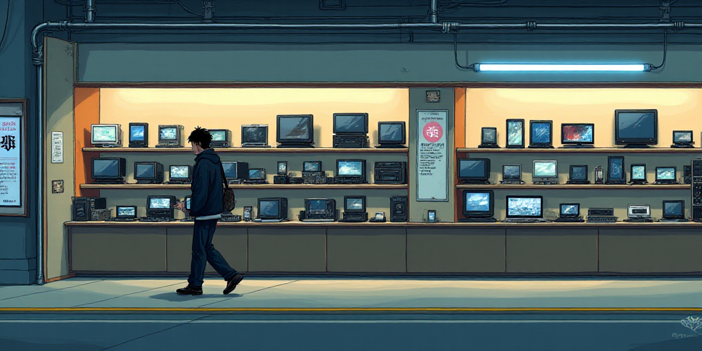 a man is walking past a display of electronic devices in a store, with a player station sign on the