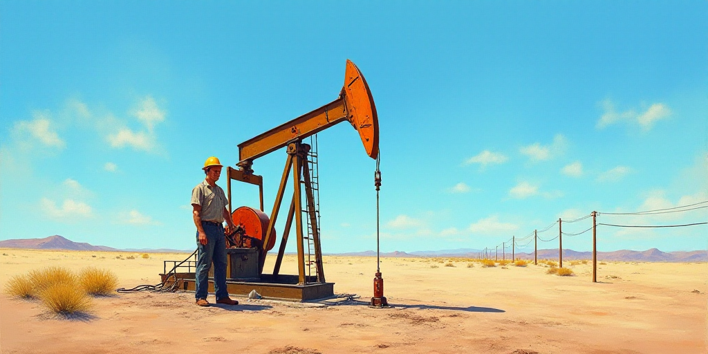 a man is working on a pump in the desert with a blue sky in the background and a few wires in the ba