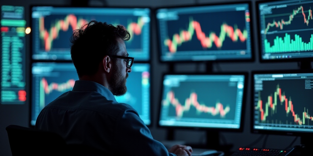 a man looking at multiple computer screens with graphs on them in a stock market room with a man in
