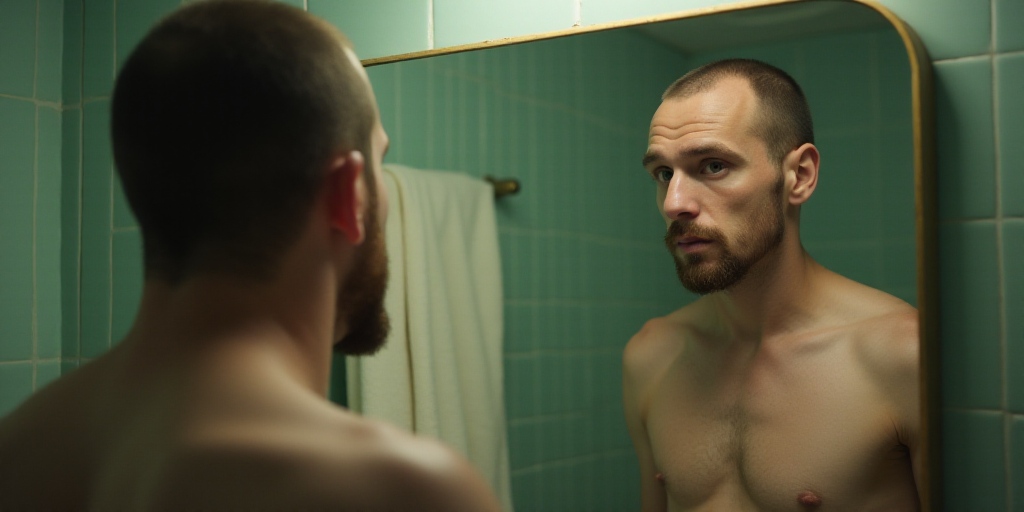 a man looking in a mirror in a bathroom with a towel hanging on the wall behind him and a towel hang