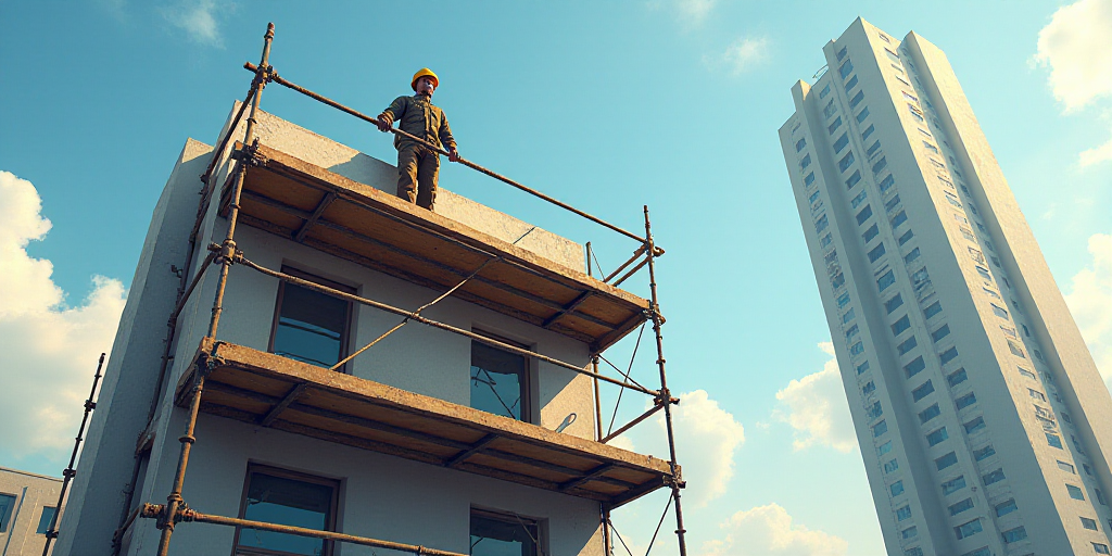 a man on a scaffolding on a building with a helmet on top of it and a building under construction, E