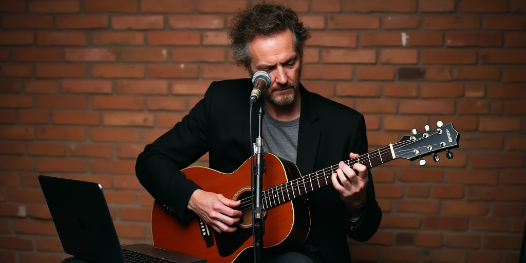 a man playing a guitar in front of a brick wall with a laptop on it and a microphone in front of him