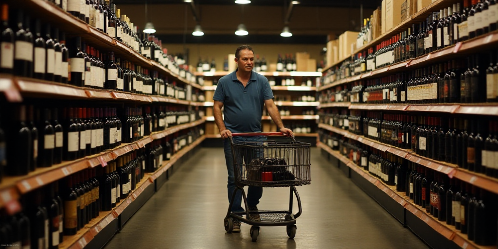 a man pushing a shopping cart through a store filled with bottles of wine and wine bottles on displa