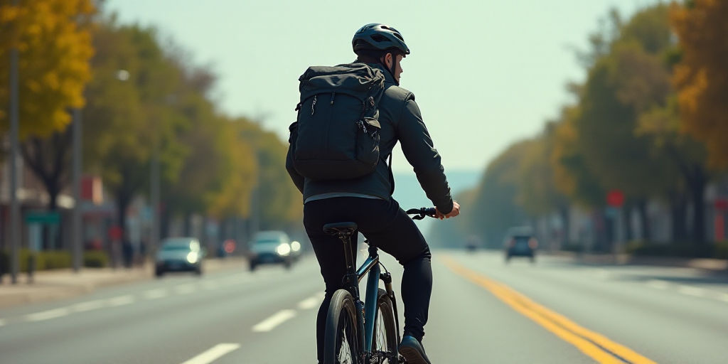 a man riding a bike down a street with a backpack on the back of it's back pack, Federico Uribe, hyp