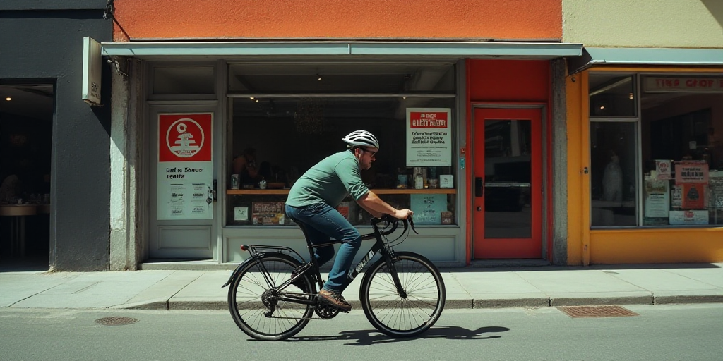 a man riding a bike down a street past a store front with a sign on it's side, Carlos Catasse, scree