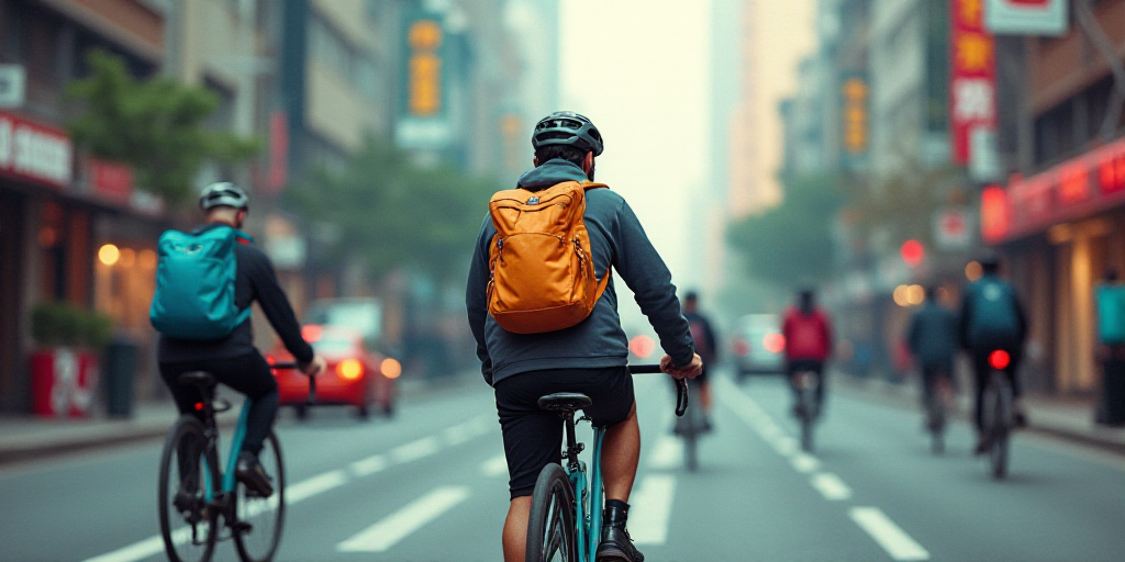 a man riding a bike with a backpack on his back in the street with other people on bicycles and cars