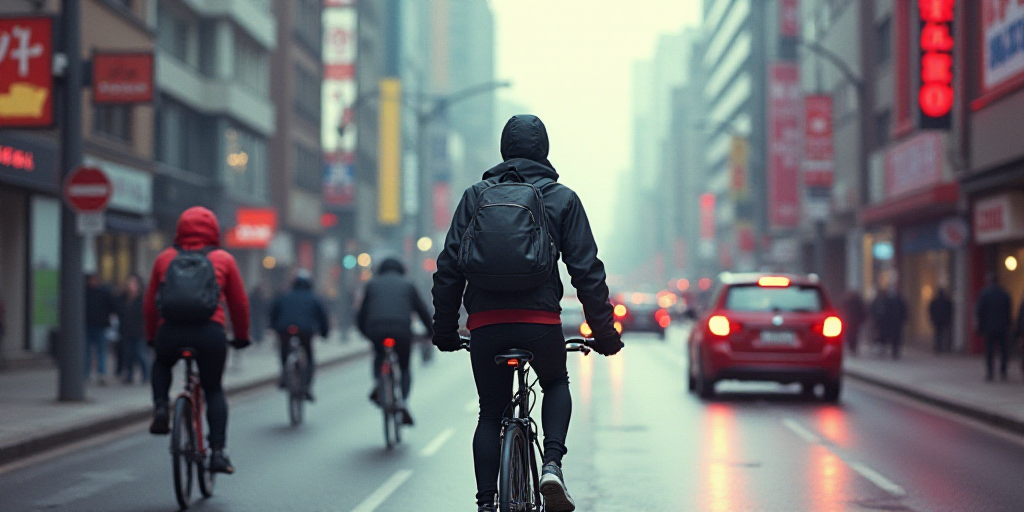 a man riding a bike with a backpack on his back in the street with other people on bicycles and cars