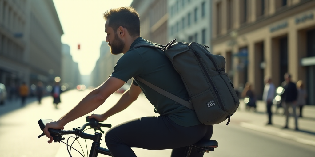 a man riding a bike with a cell phone and a bag on the back of it and a calculator, Ed Benedict, tec