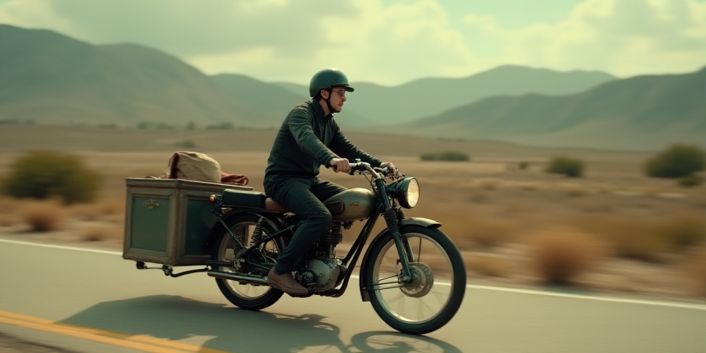 a man riding a motorcycle with a cart attached to it's back and a side car attached to the back, Ans