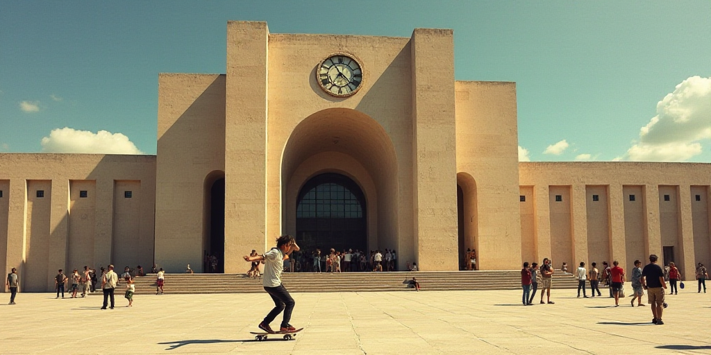a man riding a skateboard in front of a building with a clock on it's face and people standing aroun