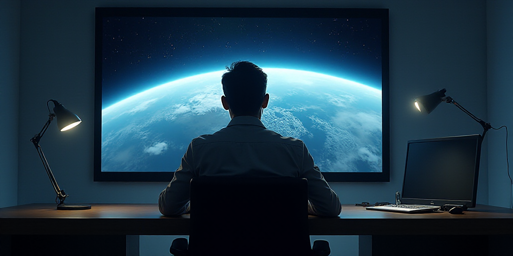 a man sitting at a desk in front of a large screen with a picture of the earth on it, Dave Arredondo
