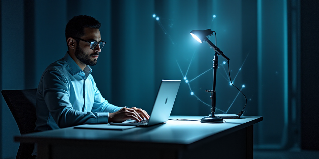 a man sitting at a desk with a laptop computer in front of him and a microphone in the background, A
