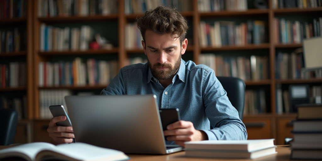 a man sitting at a desk with a laptop and cell phone in his hand and a stack of books behind him, Ce