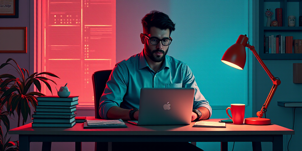 a man sitting at a desk with a laptop and a book in front of him and a book on the desk, Filip Hodas