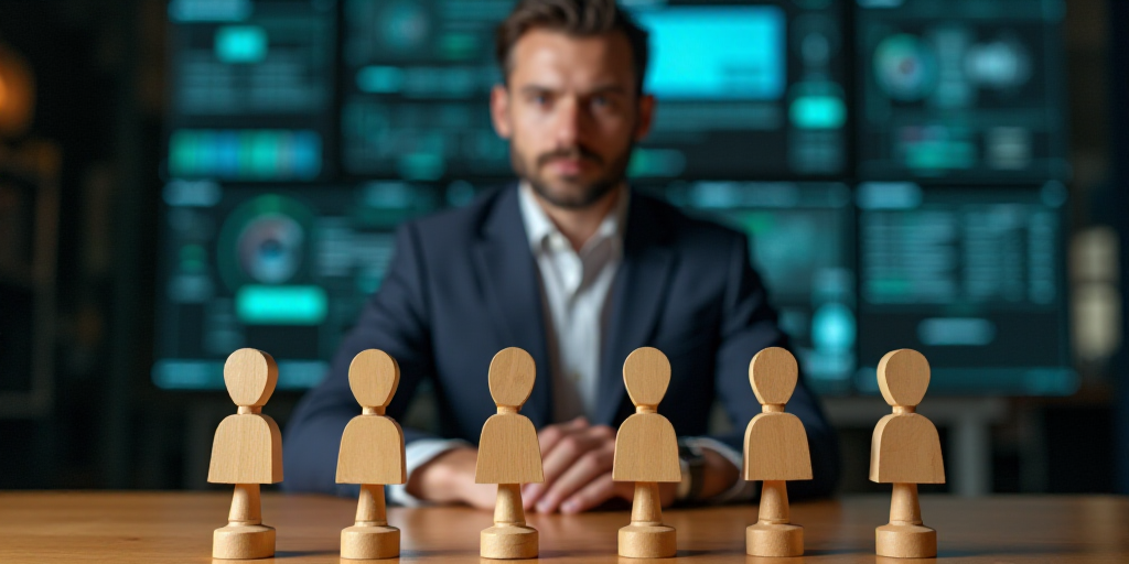 a man sitting at a table with a group of wooden people in front of him with a digital interface abov