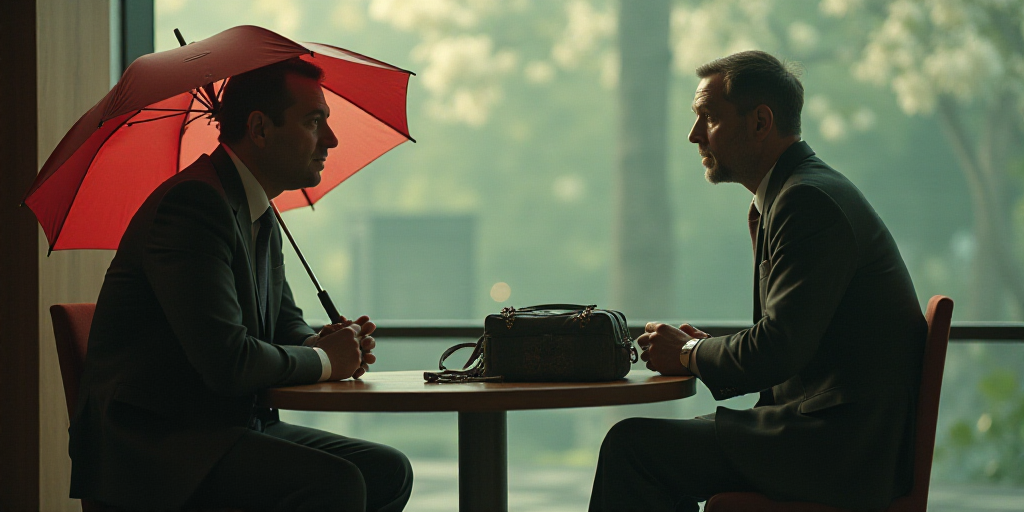 a man sitting at a table with a bag on it and a man standing next to him with a red umbrella, Estuar