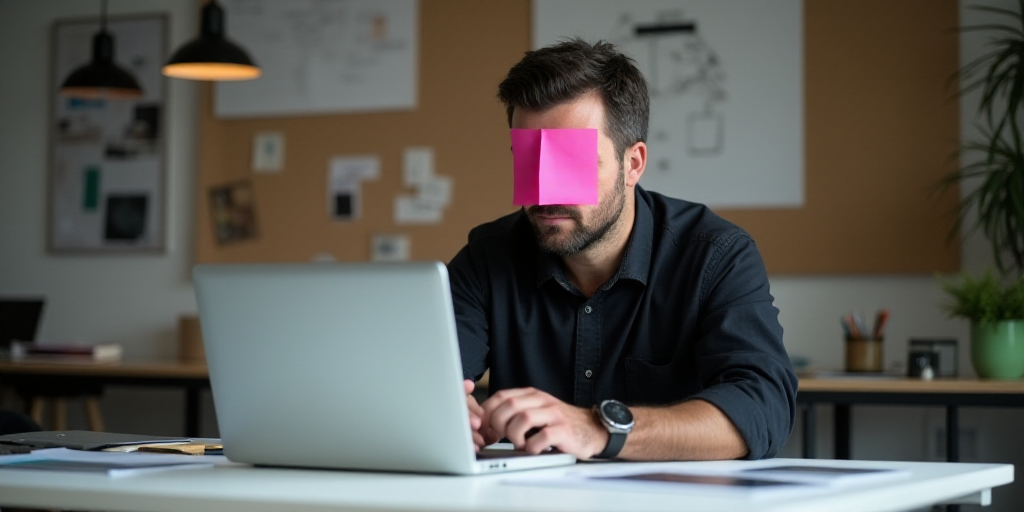 a man sitting at a table with a pink sticky note on his face and a laptop on the table, Évariste Vi