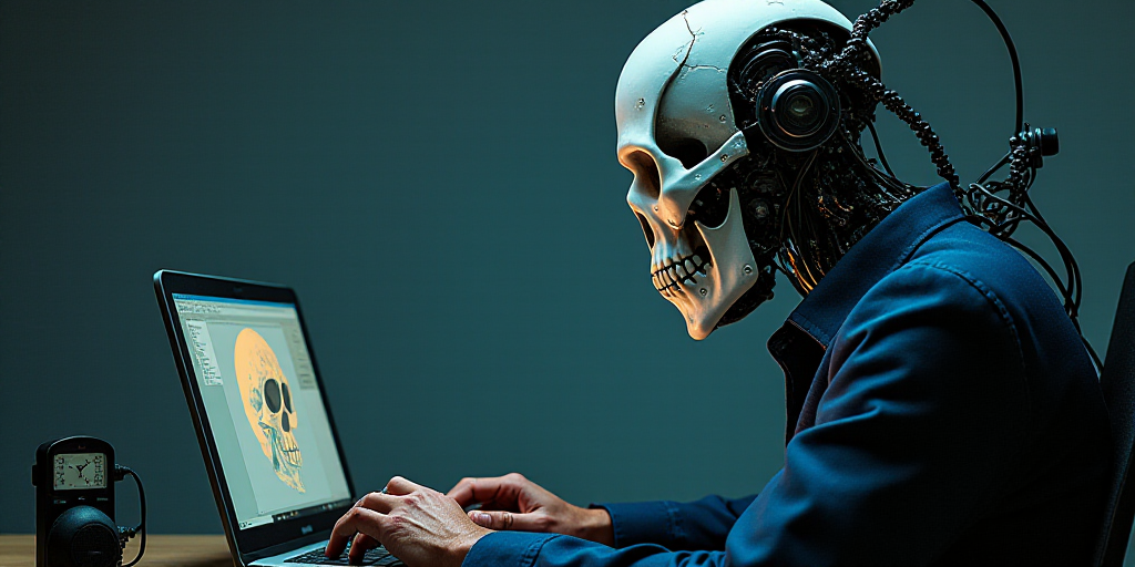 a man sitting in front of a laptop computer with a skull on it's face and a robot behind him, Cedric