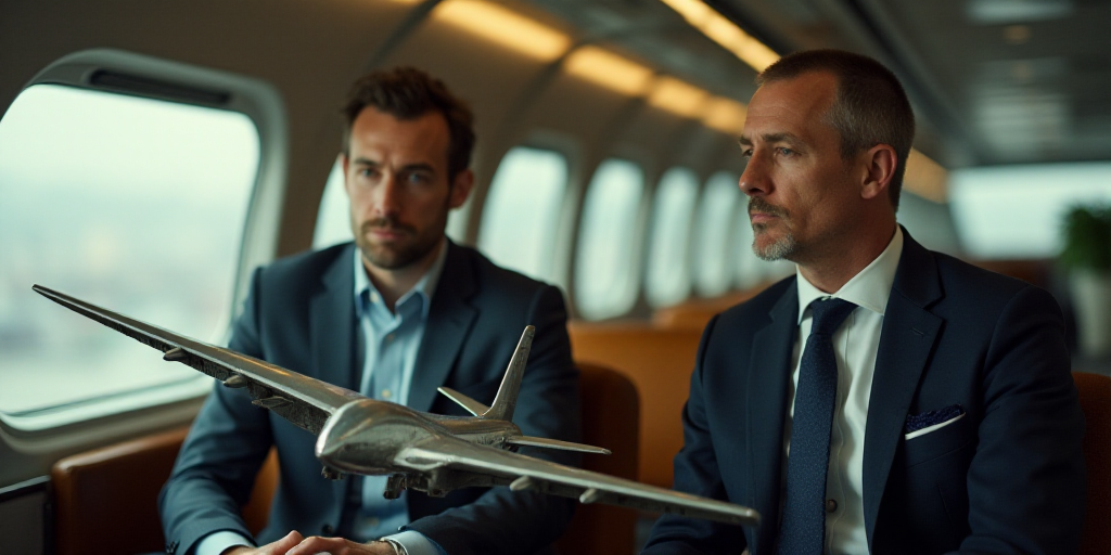 a man sitting next to a model of a plane and another man in a suit and tie sitting down, Felix-Kelly