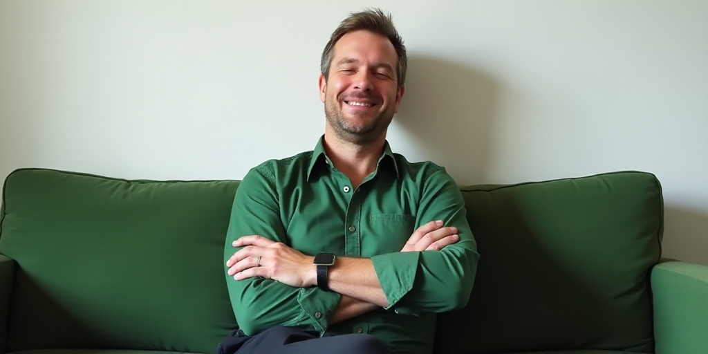a man sitting on a couch with his arms crossed and his eyes closed, smiling at the camera, with a wh