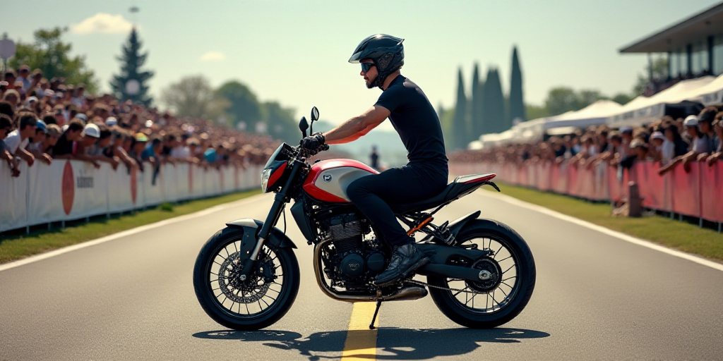 a man sitting on a motorcycle in a bike race course with a crowd watching him from the sidelines, Fa
