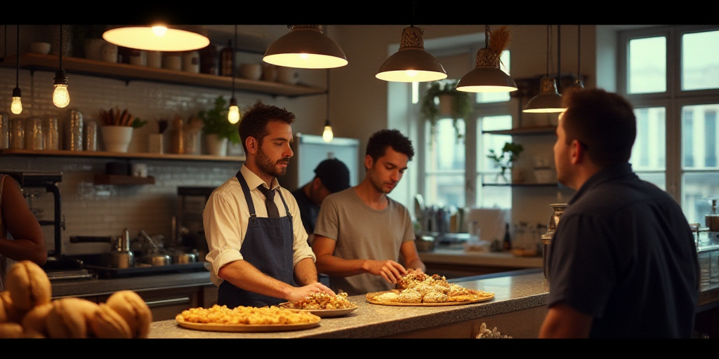 a man standing at a counter in a bakery with people standing around him and a woman standing behind