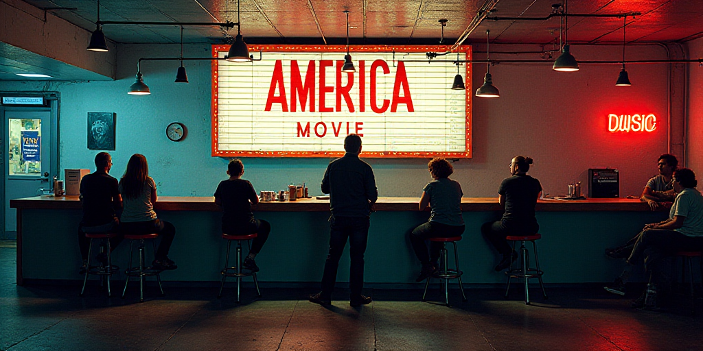 a man standing at a counter in front of a sign that says america movie and people are sitting at the