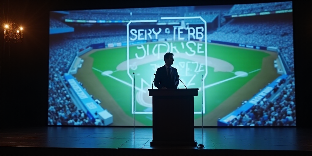 a man standing at a podium in front of a baseball field sign and a microphone in front of him, Antho