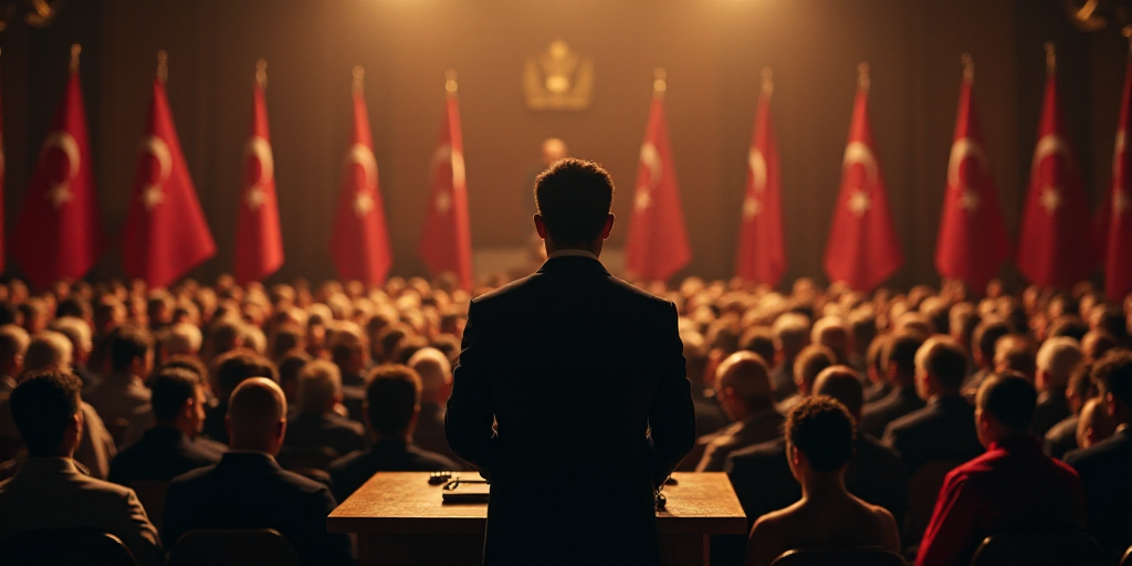 a man standing at a podium in front of a crowd of people in a room with flags on the wall, Afewerk T